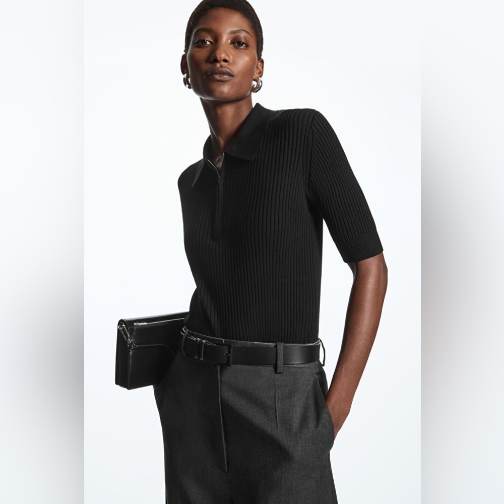 COS Half-zip collared polo, Black, Size Small